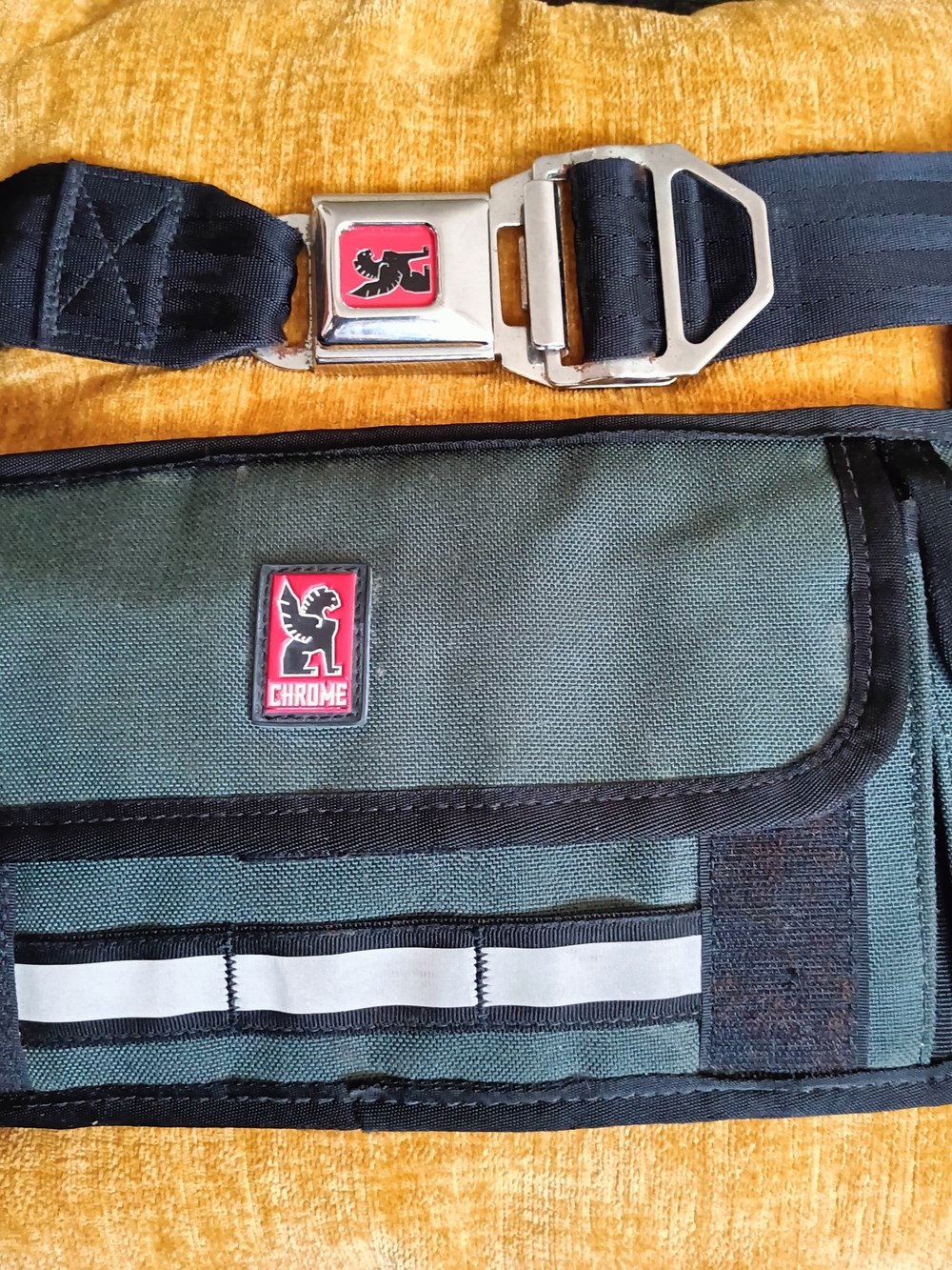 Chrome Olive Green Belt Bag with Black Trim and Reflective Accent